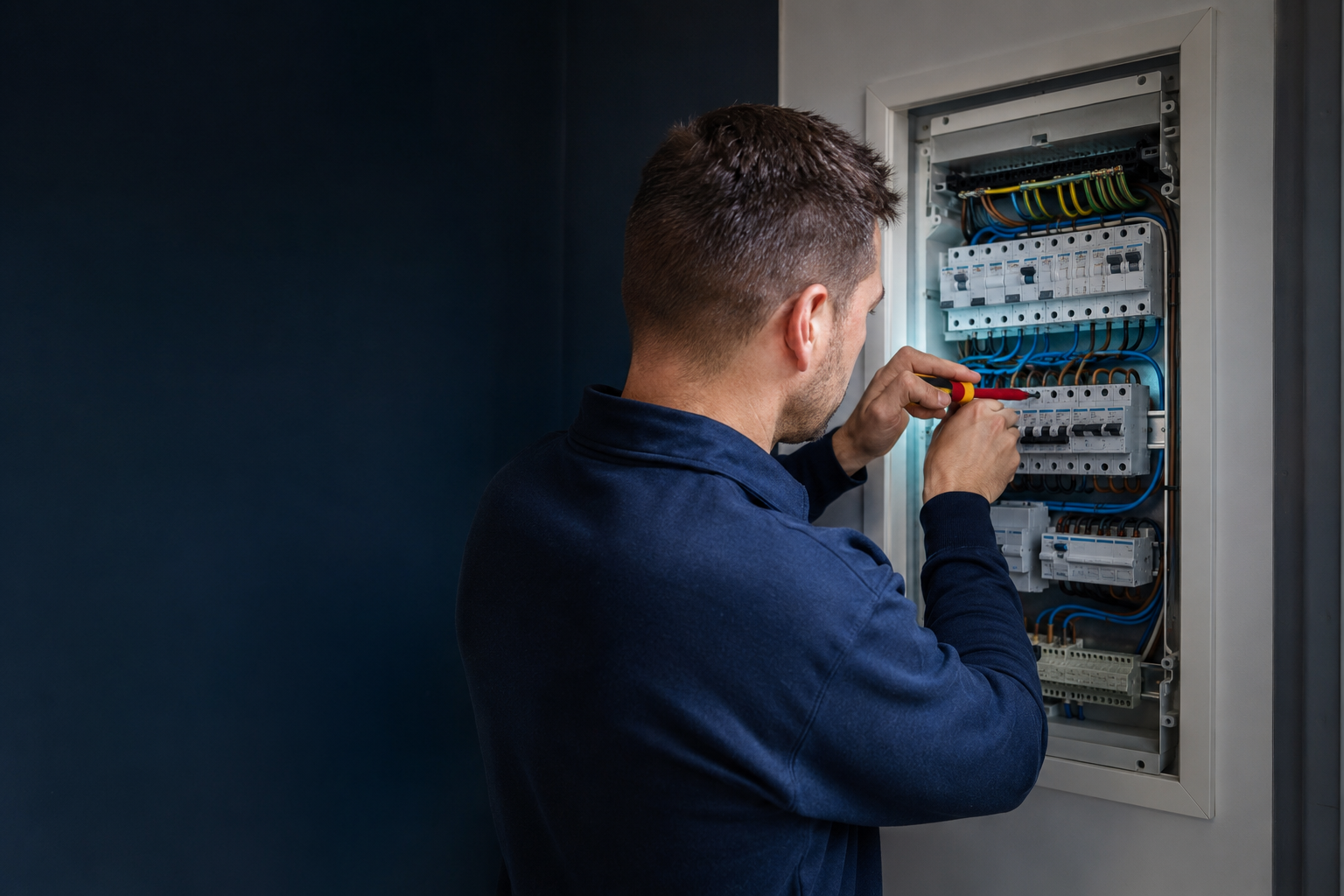 Elektricien werkt zorgvuldig aan een moderne groepenkast